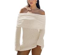 Unybwonn Damen Schulterfreies Mini-Kleid, figurbetont, langärmelig, gehäkelt, sexy Ausgehen, Netzstoff, Elegante Pulloverkleider, Beige, Small