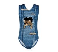 UOIMAG Einteiliger Badeanzug für Mädchen, ärmellos, Bademode, Sunmer, Strandmode, Ballett, Tanzen, Gymnastik, Gymnastik, Geschenk für Kinder, Katzen-Denim-Druck, 9-10 Jahre