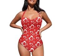 UOIMAG Einteiliger Damen-Badeanzug, Neckholder, Bauchkontrolle, bedruckt, Strandbekleidung, Herzen Rot Weiß, XL