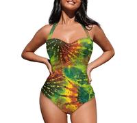 UOIMAG Einteiliger Damen-Badeanzug, Neckholder, Bauchkontrolle, bedruckt, Strandbekleidung, Jamaikanische Batikfärbung, M