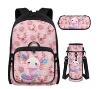 UOIMAG Kinder-Rucksack für Mädchen, Büchertasche mit Lunchbox, für 8-10 Jungen, Grundschulrucksack mit Wasserflaschentaschen, Axolotl Strawberry, M, Casual