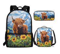 UOIMAG Kinder-Rucksack-Lunchbox-Set mit Federmäppchen, niedliche Schultaschen, leicht, 3-teiliges Set, Highland Cow Sunflower Moutain, Einheitsgröße, Schulranzen-Set