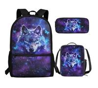 UOIMAG Kinder-Rucksack-Lunchbox-Set mit Federmäppchen, niedliche Schultaschen, leicht, 3-teiliges Set, Wolf Schmetterling Galaxie, Einheitsgröße, Schulranzen-Set