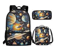 UOIMAG Kinder-Rucksack-Lunchbox-Set mit Federmäppchen, niedliche Schultaschen, leicht, 3-teiliges Set, Galaxy Planets Rocket, Einheitsgröße, Schulranzen-Set