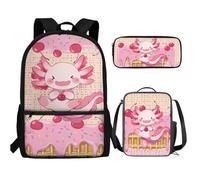 UOIMAG Kinder-Rucksack-Lunchbox-Set mit Federmäppchen, niedliche Schultaschen, leicht, 3-teiliges Set, Axolotl Kirscheis, Einheitsgröße, Schulranzen-Set