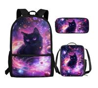 UOIMAG Kinder-Rucksack-Lunchbox-Set mit Federmäppchen, niedliche Schultaschen, leicht, 3-teiliges Set, Cat Planet Galaxy, Einheitsgröße, Schulranzen-Set