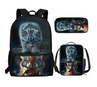 UOIMAG Kinder-Rucksack-Lunchbox-Set mit Federmäppchen, niedliche Schultaschen, leicht, 3-teiliges Set, Katze Tiger, Einheitsgröße, Schulranzen-Set