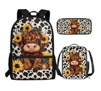 UOIMAG Kinder-Rucksack-Lunchbox-Set mit Federmäppchen, niedliche Schultaschen, leicht, 3-teiliges Set, Hochlandkuh-Aufdruck, Einheitsgröße, Schulranzen-Set