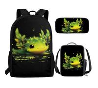 UOIMAG Kinder-Rucksack-Lunchbox-Set mit Federmäppchen, niedliche Schultaschen, leicht, 3-teiliges Set, Axolotl Green Black, Einheitsgröße, Schulranzen-Set