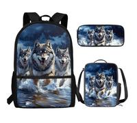 UOIMAG Kinder-Rucksack-Lunchbox-Set mit Federmäppchen, niedliche Schultaschen, leicht, 3-teiliges Set, Wolf Running, Einheitsgröße, Schulranzen-Set
