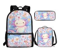 UOIMAG Kinder-Rucksack-Lunchbox-Set mit Federmäppchen, niedliche Schultaschen, leicht, 3-teiliges Set, Axolotl Aesthetic Flowers, Einheitsgröße, Schulranzen-Set
