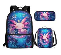 UOIMAG Kinder-Rucksack-Lunchbox-Set mit Federmäppchen, niedliche Schultaschen, leicht, 3-teiliges Set, Axolotl Star Ocean, Einheitsgröße, Schulranzen-Set