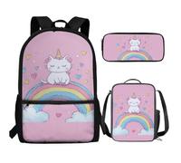 UOIMAG Kinder-Rucksack-Lunchbox-Set mit Federmäppchen, niedliche Schultaschen, leicht, 3-teiliges Set, Katze, Regenbogenfarben, Einheitsgröße, Schulranzen-Set