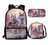 UOIMAG Kinder-Rucksack-Lunchbox-Set mit Federmäppchen, niedliche Schultaschen, leicht, 3-teiliges Set, Wolf Familie, Einheitsgröße, Schulranzen-Set