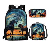 UOIMAG Kinder-Rucksack-Lunchbox-Set mit Federmäppchen, niedliche Schultaschen, leicht, 3-teiliges Set, Pferde-Galaxie, Einheitsgröße, Schulranzen-Set