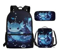 UOIMAG Kinder-Rucksack-Lunchbox-Set mit Federmäppchen, niedliche Schultaschen, leicht, 3-teiliges Set, Axolotl Blue Bubble, Einheitsgröße, Schulranzen-Set
