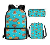 UOIMAG Kinder-Rucksack-Lunchbox-Set mit Federmäppchen, niedliche Schultaschen, leicht, 3-teiliges Set, Capybara-Orange-Muster, Einheitsgröße, Schulranzen-Set