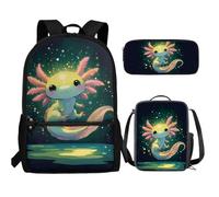 UOIMAG Kinder-Schulranzen, 3-teilig, Rucksack, Lunchbox-Set mit Federmäppchen, leichter Rucksack, Axolotl Green Lights, Einheitsgröße, Schulranzen-Set