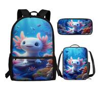 UOIMAG Kinder-Schulranzen, 3-teilig, Rucksack, Lunchbox-Set mit Federmäppchen, leichter Rucksack, Axolotl Fish, Einheitsgröße, Schulranzen-Set
