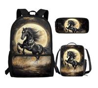 UOIMAG Kinder-Schulranzen, 3-teilig, Rucksack, Lunchbox-Set mit Federmäppchen, leichter Rucksack, Black Horse Moon, Einheitsgröße, Schulranzen-Set