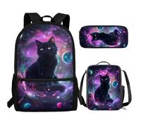 UOIMAG Kinder-Schulranzen, 3-teilig, Rucksack, Lunchbox-Set mit Federmäppchen, leichter Rucksack, Schwarze Katze Planeten Galaxie, Einheitsgröße, Schulranzen-Set