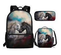 UOIMAG Kinder-Schulranzen, 3-teilig, Rucksack, Lunchbox-Set mit Federmäppchen, leichter Rucksack, Schwarzes Pferd und weißes Pferd, Einheitsgröße, Schulranzen-Set