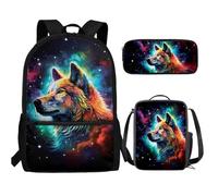 UOIMAG Kinder-Schulranzen, 3-teilig, Rucksack, Lunchbox-Set mit Federmäppchen, leichter Rucksack, Wolf Galaxie, Einheitsgröße, Schulranzen-Set