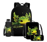UOIMAG Kinder-Schultaschen, Rucksack, Lunchbox-Set mit Wasserflaschenhalter, Federmäppchen, 4-teiliges Set, Axolotl Green Black, Einheitsgröße, Schulranzen-Set