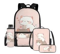 UOIMAG Kinder-Schultaschen, Rucksack, Lunchbox-Set mit Wasserflaschenhalter, Federmäppchen, 4-teiliges Set, Katzen-Cartoon-Druck, Einheitsgröße, Schulranzen-Set