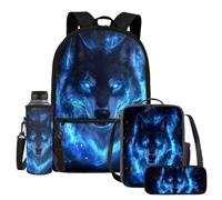 UOIMAG Kinder-Schultaschen, Rucksack, Lunchbox-Set mit Wasserflaschenhalter, Federmäppchen, 4-teiliges Set, Wolf Blue Fire, Einheitsgröße, Schulranzen-Set
