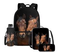 UOIMAG Kinder-Schultaschen, Rucksack, Lunchbox-Set mit Wasserflaschenhalter, Federmäppchen, 4-teiliges Set, Pferdebraunes Muster, Einheitsgröße, Schulranzen-Set