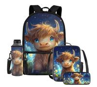 UOIMAG Kinder-Schultaschen, Rucksack, Lunchbox-Set mit Wasserflaschenhalter, Federmäppchen, 4-teiliges Set, Highland Cow Galaxy Floral, Einheitsgröße, Schulranzen-Set