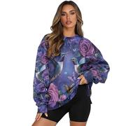 UOIMAG Lila Sweatshirt Damen Sweatshirts Rundhals Shirts mit Taschen Blumen Tier Print Tops, Kolibri, 3XL