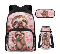 UOIMAG Mädchen Schulrucksack mit Brotdose, Federmäppchen & Wasserflaschenhalter für Mädchen 8-10 Jahre alt, 4 Stück, Faultier Erdbeere, M, Casual