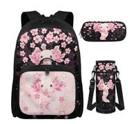 UOIMAG Mädchen Schulrucksack mit Brotdose, Federmäppchen & Wasserflaschenhalter für Mädchen 8-10 Jahre alt, 4 Stück, Axolotl Kirschblüten-Print, M, Casual