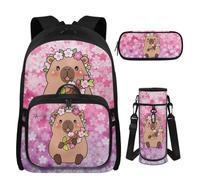 UOIMAG Mädchen Schulrucksack mit Brotdose, Federmäppchen & Wasserflaschenhalter für Mädchen 8-10 Jahre alt, 4 Stück, Capybara Cherry Blossom, M, Casual