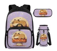 UOIMAG Mädchen Schulrucksack mit Brotdose, Federmäppchen & Wasserflaschenhalter für Mädchen 8-10 Jahre alt, 4 Stück, Capybara Mushroom Stars, M, Casual
