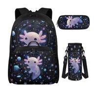 UOIMAG Mädchen Schulrucksack mit Brotdose, Federmäppchen & Wasserflaschenhalter für Mädchen 8-10 Jahre alt, 4 Stück, Axolotl Galaxy Stars, M, Casual