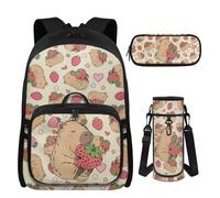 UOIMAG Mädchen Schulrucksack mit Brotdose, Federmäppchen & Wasserflaschenhalter für Mädchen 8-10 Jahre alt, 4 Stück, Capybara Strawberry, M, Casual