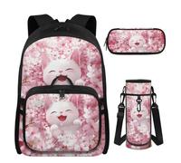 UOIMAG Mädchen Schulrucksack mit Brotdose, Federmäppchen & Wasserflaschenhalter für Mädchen 8-10 Jahre alt, 4 Stück, Katzen-Kirschblüte, M, Casual