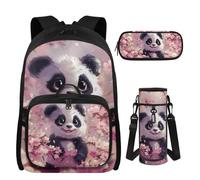 UOIMAG Mädchen Schulrucksack mit Brotdose, Federmäppchen & Wasserflaschenhalter für Mädchen 8-10 Jahre alt, 4 Stück, Panda-Kirschblüte, M, Casual