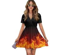 UOIMAG Minikleid für Damen, Halloween-Kleid, kurzärmelig, V-Ausschnitt, Party-Sommerkleid, Feuer-Orange Flame, M