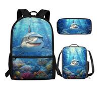 UOIMAG Niedlicher Kinder-Rucksack, Schultasche und Lunchbox-Set, 3-teilig, mit Federmäppchen für Jungen, Hai unter Wasser, Einheitsgröße, Schulranzen-Set