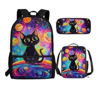 UOIMAG Niedlicher Kinder-Rucksack, Schultasche und Lunchbox-Set, 3-teilig, mit Federmäppchen für Jungen, Schwarze Katze Planeten Galaxie, Einheitsgröße, Schulranzen-Set