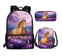UOIMAG Niedlicher Kinder-Rucksack, Schultasche und Lunchbox-Set, 3-teilig, mit Federmäppchen für Jungen, Pferd Schmetterling Lavendel, Einheitsgröße, Schulranzen-Set