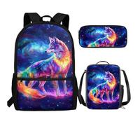 UOIMAG Niedlicher Kinder-Rucksack, Schultasche und Lunchbox-Set, 3-teilig, mit Federmäppchen für Jungen, Wolf Galaxie, Einheitsgröße, Schulranzen-Set