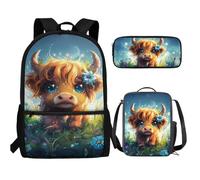 UOIMAG Niedlicher Kinder-Rucksack, Schultasche und Lunchbox-Set, 3-teilig, mit Federmäppchen für Jungen, Highland Cow Flowers, Einheitsgröße, Schulranzen-Set