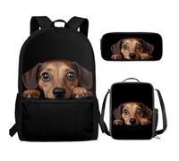 UOIMAG Niedlicher Kinder-Rucksack, Schultasche und Lunchbox-Set, 3-teilig, mit Federmäppchen für Jungen, Dackel, Einheitsgröße, Schulranzen-Set