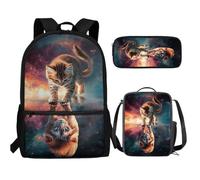 UOIMAG Niedlicher Kinder-Rucksack, Schultasche und Lunchbox-Set, 3-teilig, mit Federmäppchen für Jungen, Katze Löwe Galaxie, Einheitsgröße, Schulranzen-Set