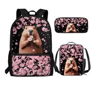 UOIMAG Niedlicher Kinder-Rucksack, Schultasche und Lunchbox-Set, 3-teilig, mit Federmäppchen für Jungen, Capybara Kirschblüte, Einheitsgröße, Schulranzen-Set